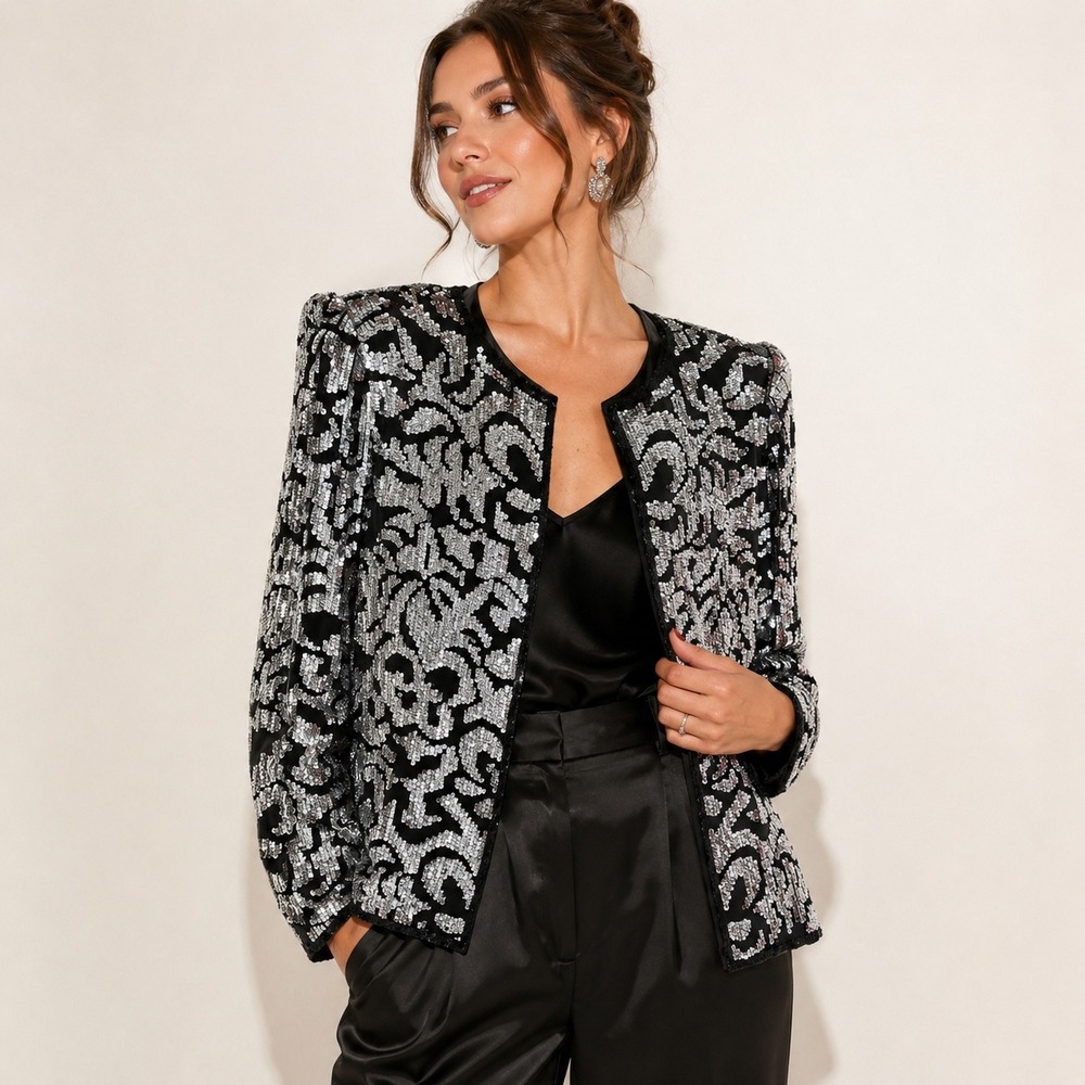 Vintage Laurence Kazar Silk Sequin Beaded Jacket L NWT Art Deco Glam Evening